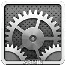 a black and white icon of a gear with the word admin written on it .