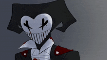 a cartoon character with a heart shaped face and a bloody mouth and collar .