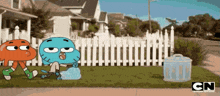 gumball and darwin from the amazing world of gumball are standing in front of a trash can