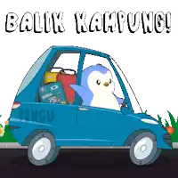 a penguin is driving a blue car with the words balik kampung written on the bottom