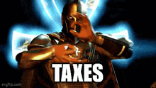 a video game character with the word taxes written on the bottom