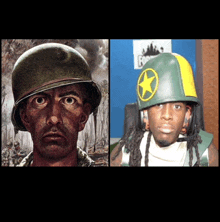 a painting of a soldier next to a picture of a man wearing a helmet