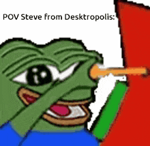 a cartoon of a frog covering his eyes with his hand with the caption " pov steve from desktopopolis "