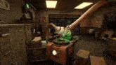 a cartoon character is playing a video game with a green machine