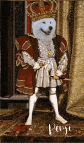 a painting of a dog dressed as a king with the name benji