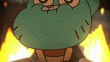 a cartoon character from the amazing world of gumball is standing in front of a fire .