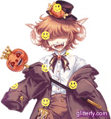 a girl in a top hat holding a pumpkin with smiley faces on her eyes