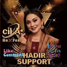 a woman is giving a thumbs up sign in front of a sign that says `` like comment hadir support '' .