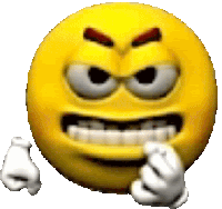 a cartoon smiley face with a very angry face and white gloves .