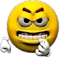 a cartoon smiley face with a very angry face and white gloves .