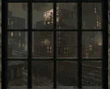 a view of a city through a window with a billboard that says ' liberty ' on the top