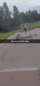 a man is riding a scooter in a skate park with a caption that says ma ole nii halb exole