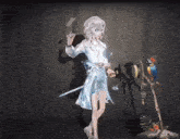 a girl in a blue dress is standing next to a blue parrot on a branch