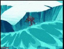 a cartoon character is flying through the air in a blue and white landscape .
