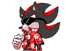 a pixel art of a shadow the hedgehog wearing sunglasses and a red shirt
