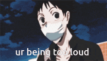 a cartoon of a man with confetti coming out of his head and the words ur being too loud below him