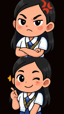 a cartoon of a girl with an angry expression and a smiling one