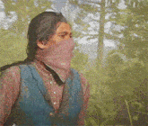 a man wearing a purple bandana covering his face in a video game