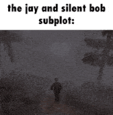 a man standing on top of a hill with the words `` the jay and silent bob subplot '' written above him .