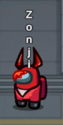 a red among us character with horns is standing in a hallway