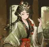 a girl in a green kimono and a crown is standing in front of a window .