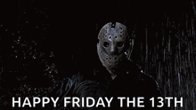 jason voorhees from friday the 13th is holding a knife in the rain while wearing a hockey mask .