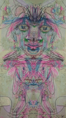 a colorful drawing of a woman 's face with pink hair and green eyes