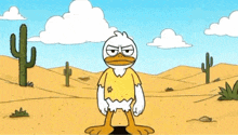 a cartoon duck in a yellow shirt is waving in the desert