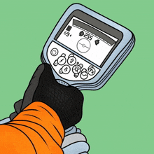 a cartoon drawing of a hand holding a device that says 2.55 on the screen