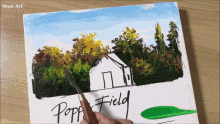 a painting of a house with the words popp field written on the bottom