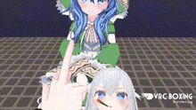 two anime girls are standing next to each other and one of them is pointing at the other .