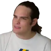 a man with a ponytail is wearing a white t-shirt with a yellow and blue stripe on it