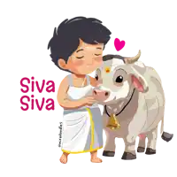 a cartoon drawing of a boy hugging a cow with the words siva siva behind him