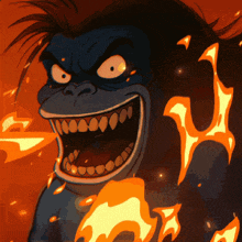 a cartoon drawing of a gorilla with flames around it