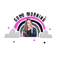 a woman is smiling in front of a rainbow with the words good morning