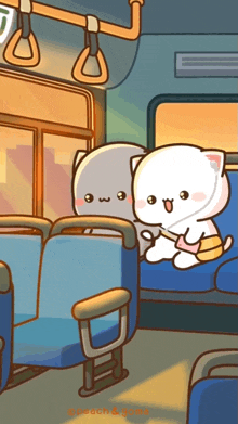 a cartoon of two cats sitting on a bus with the word peach on the bottom right