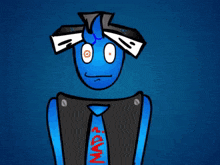 a blue cartoon character with a tie that says mad