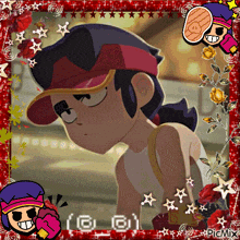 a picture of a cartoon character with a red hat and flowers