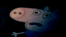 a close up of a cartoon pig with big eyes making a scared face .