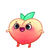 a cartoon peach with a green leaf and hearts around it
