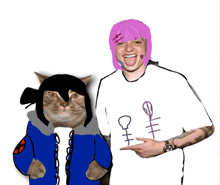 a drawing of a cat and a man with a t-shirt that says ohhh on it