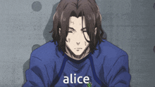 a man with a blue shirt that says alice on it
