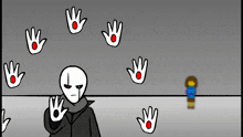 a cartoon character is surrounded by hands with red dots