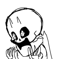 a black and white drawing of a skull with big eyes and a mouth .