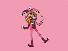 a cartoon character is juggling balls with a sign that says lotto
