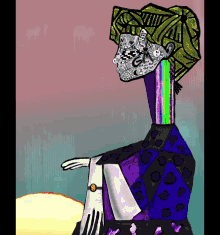 a colorful drawing of a woman with a hat that says ' g ' on it