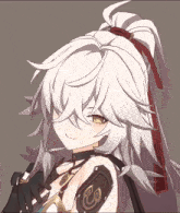 a girl with white hair and a ponytail is wearing a choker and gloves