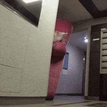 a pink stuffed animal is sitting in a hallway next to a mailbox that says ' a ' on it