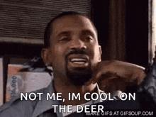 a man with a beard is saying `` not me , im cool on the deer '' .