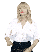 a blonde woman wearing a white shirt and black pants is clapping her hands